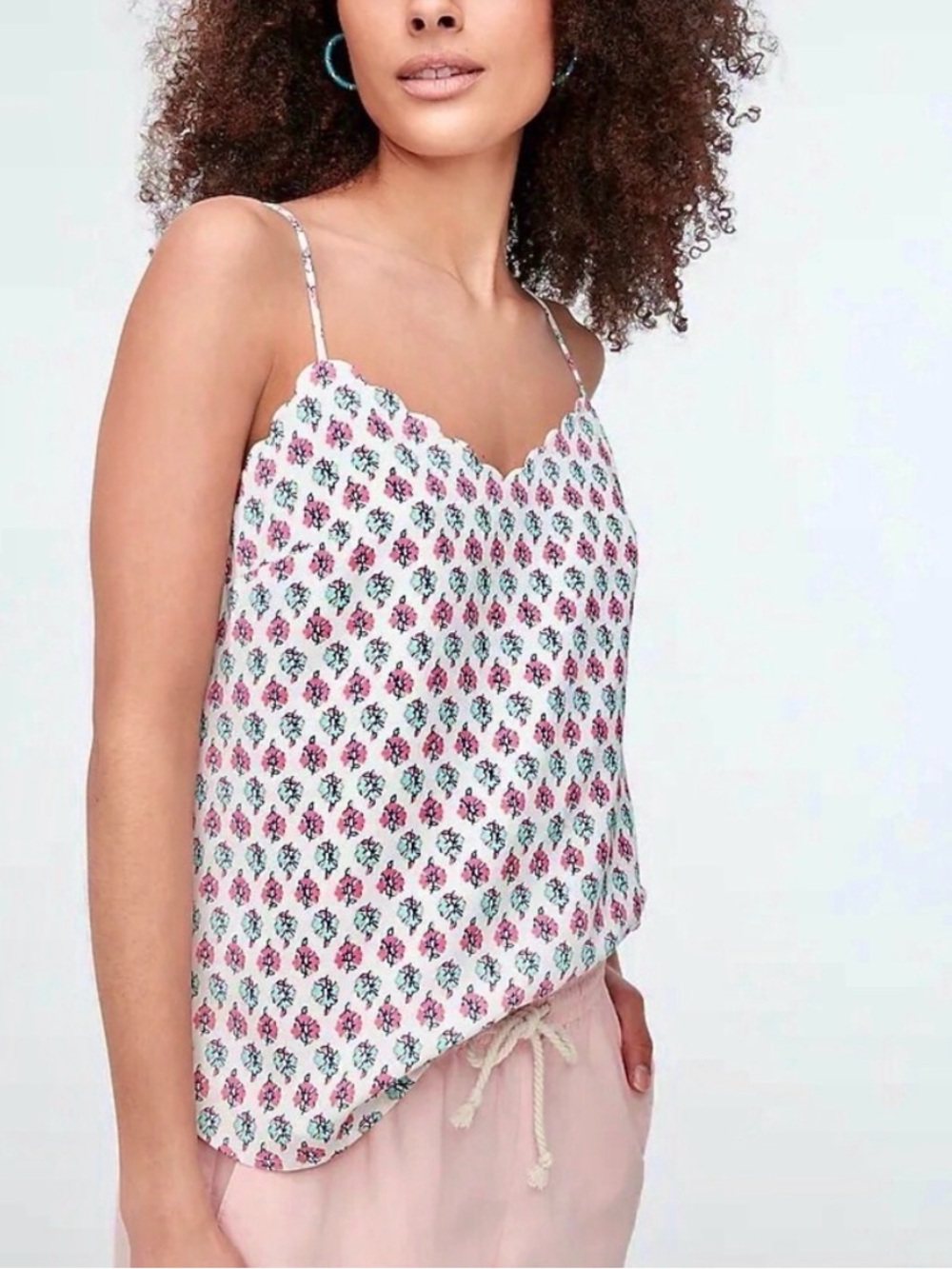 J. Crew Floral Scallop V-Neck Cami Tank Top - Pink/White